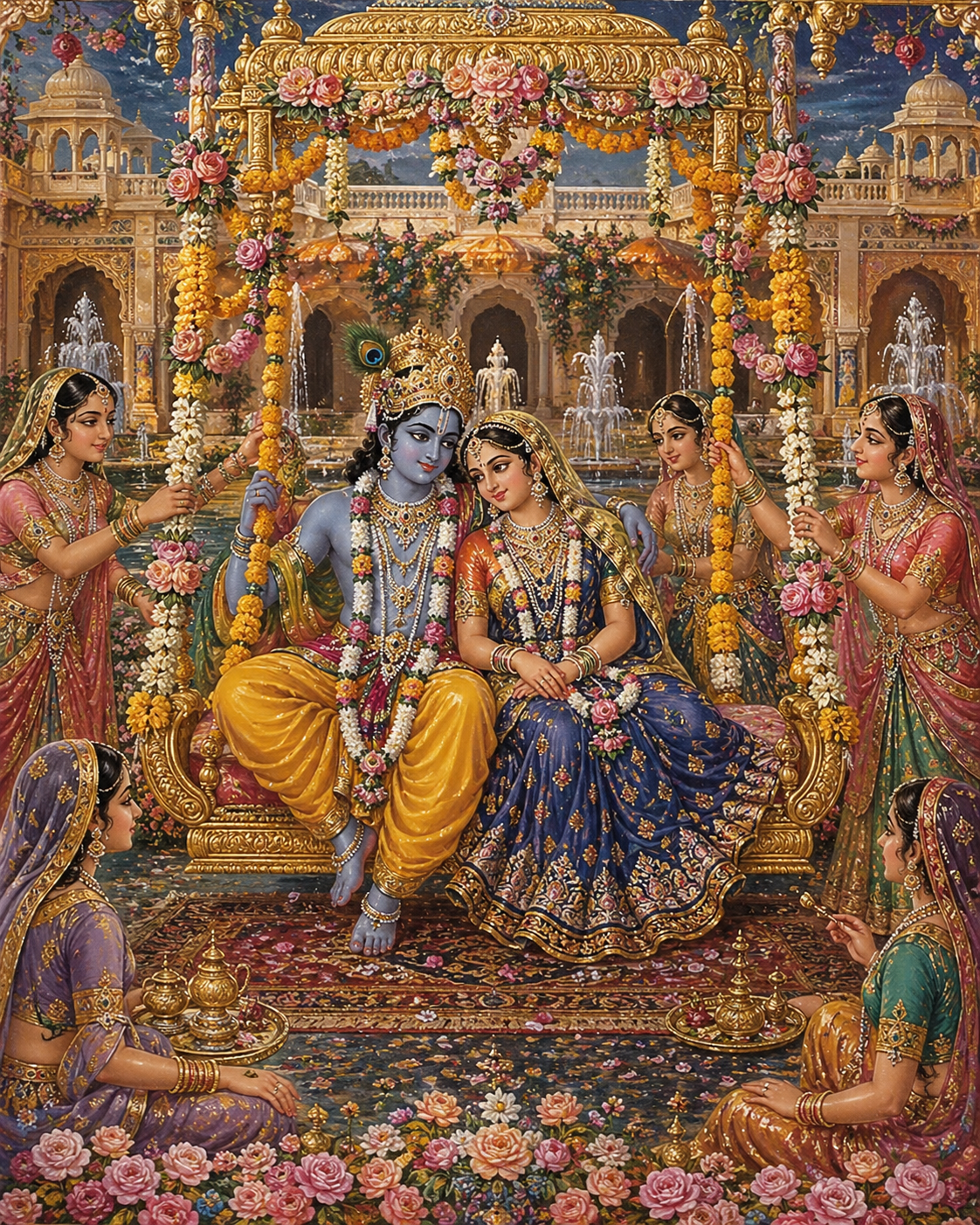 Radha Krishna on golden hindola swing with gopis pushing and fountains in Rajput palace setting